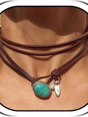 New - Choker Necklace Boho Country Western Cowgirl Layer Turquoise Pendant